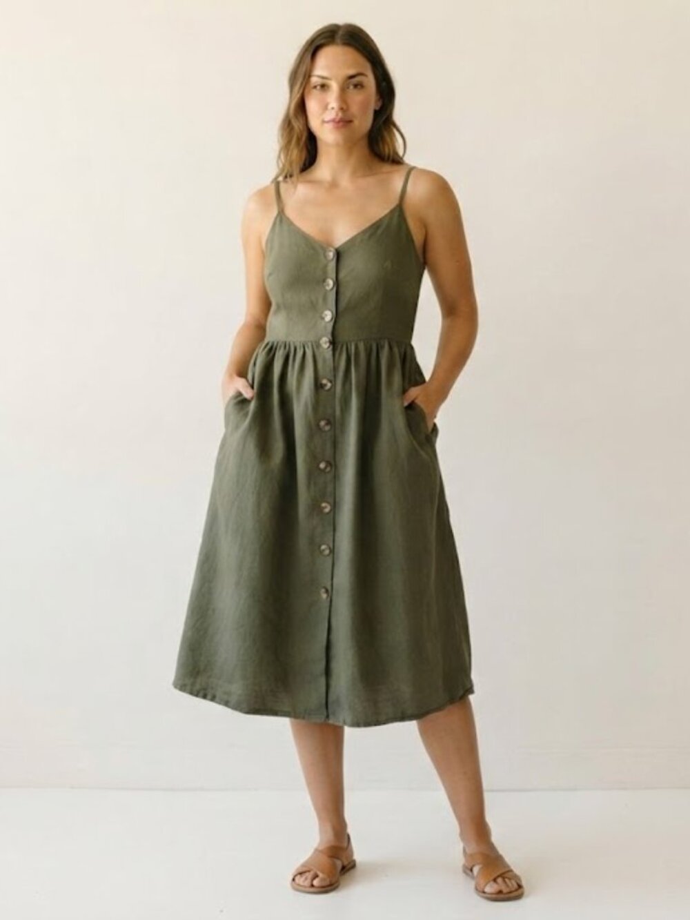 Japna Olive Green Button-Front Midi Dress